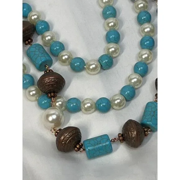 SOUTHWEST TURQUOISE PEARL FANCY Western Rodeo Cowgirl Fashion Necklace Set New - Picture 4 of 16